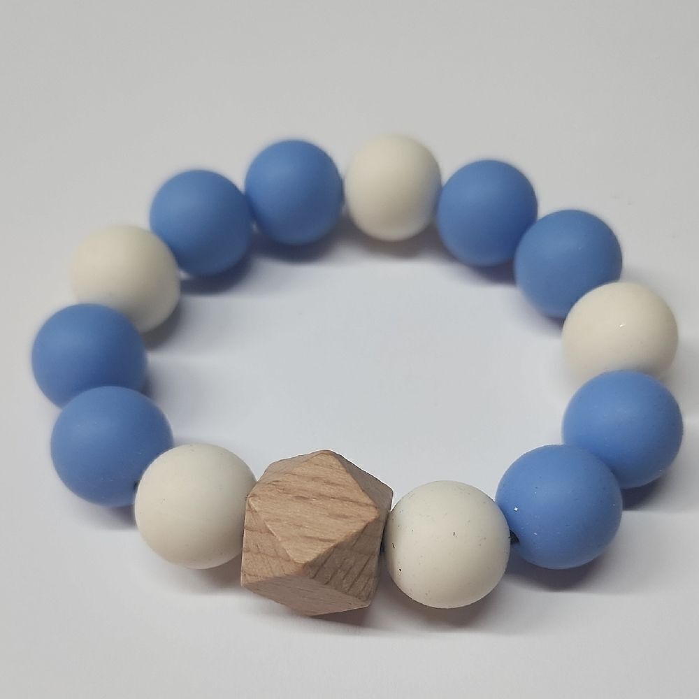 Silicone Bead Bracelet Wooden Faceted Cube Baby Blue White